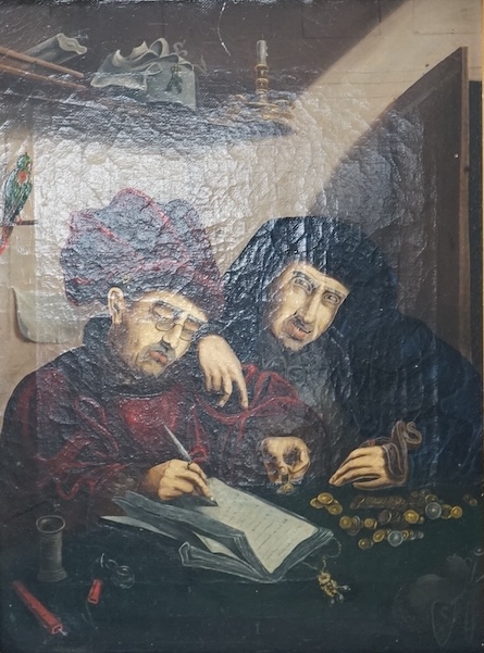 After Marinus van Reymerswaele (Dutch, 1490-1546), Old Master style oil on canvas, ‘The Tax Collectors’, 30 x 22cm, ornate gilt framed (some losses)